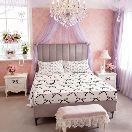 Cartoon Bowknot Kids Sheet King Size,Bow Tie Geometric Patchwork Modern Bedding Set,Girls Women Room Decor,Bow Butterfly Knot Black White Simple Bed Sheet Set 4pcs(Fitted + Flat + 2 Pillowcases) Manfei