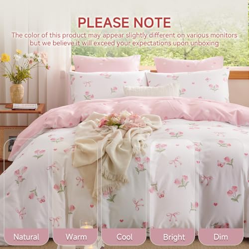 Erwinmu Floral Duvet Cover Set Twin Size,Pink Tulip Bow Ties Reversible Bedding Set with Heart Pattern for Girls Kids,Romantic Microfiber Comforter Cover 2Pcs with Zipper Closure and 1 Pillowcase Erwinmu