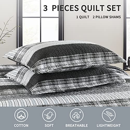 Homzard King Size Comforter - 100% Cotton, Black White Striped King Quilt Bedding Set,Black Grey Plaid Striped Bedding King,Farmhouse Lightweight Comforter for Bed,All Season Homzard