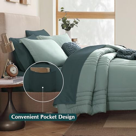 Monbix Full Size Comforter Sets - 7 Pieces Sage Green Bed in a Bag Full Size Bedding Sets with Comforter, Sheets, Pillowcases & Shams Monbix