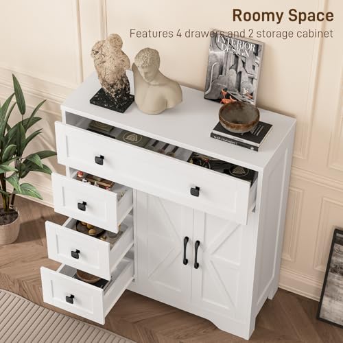 Vabches Farmhouse Storage Cabinet with 2 Doors and 4 Drawers, Freestanding Bathroom Storage Cabinet Kitchen Pantry, Floor Hutch Cupboard for Living Room/Bathroom/Kitchen,(Unique White) Vabches