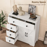 Vabches Farmhouse Storage Cabinet with 2 Doors and 4 Drawers, Freestanding Bathroom Storage Cabinet Kitchen Pantry, Floor Hutch Cupboard for Living Room/Bathroom/Kitchen,(Unique White) Vabches