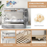 KOTEK Twin Over Twin Bunk Bed with Trundle and Stairs, Solid Wood Bunk Bed Frame with Storage Shelf, Bunk Beds Detachable into 2 Platform Beds for Kids Teens Adults (Grey) KOTEK