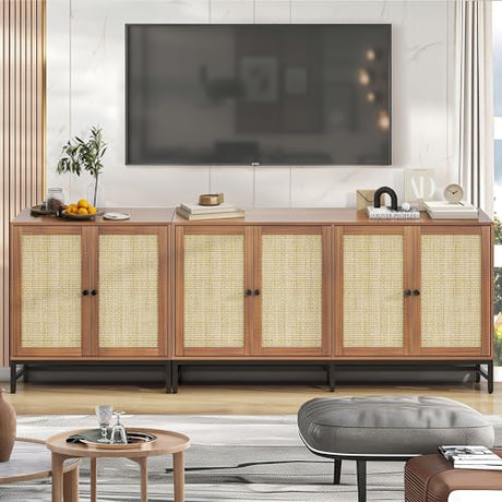 ZLWJGY Rattan Buffet Cabinet with Storage, 90.5" Large Sideboard Accent Cabinets with 6 Doors, Mid Century Modern Console Table Cabinet for Kitchen, Living Room and Dining Room, Walnut ZLWJGY