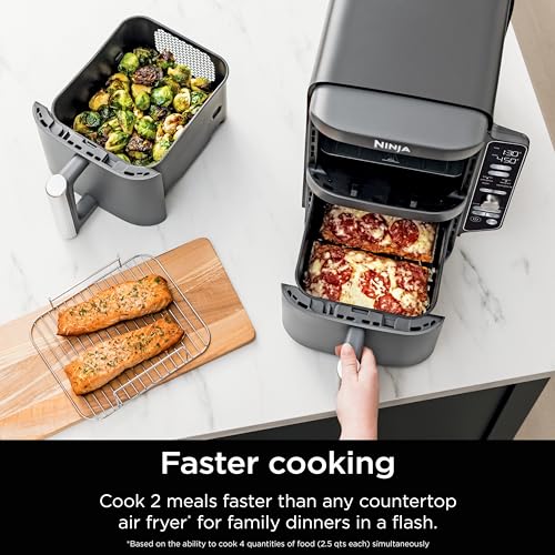 Ninja SL401 DoubleStack XL 2-Basket Air Fryer, DoubleStack Technology Cooks 4 Foods at Once, Compact Design, 10 QT, 6-in-1, Smart Finish & Match Cook, Air Fry, Broil, Bake, Easy Meals, Easy Clean,Grey Ninja