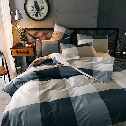 Queen Comforter Set Fluffy Plaid Checkered Pattern Comforter Set Modern Style Geometric Comforter with 2 Pillow Shams Grid Plaid Bedding Comforter for Boys Men All Season Queen Size Bed Comforter Set LifeTB