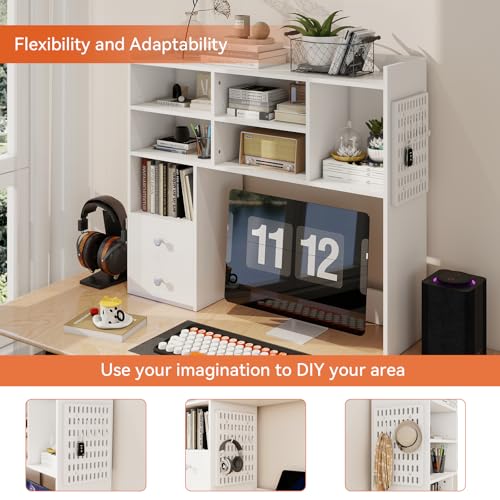 ELECWISH Desktop Bookshelf, Desk Shelf with 2 Drawers for Computer Desk, 36.22" 7-Tier Adjustable Desktop Hutch Organizer with Pegboard for Home Office, White ELECWISH