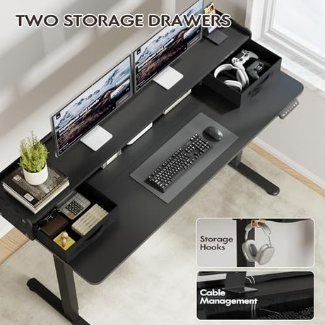 Furmax Electric Standing Desk with Drawers, Stand Up Desk with Storage Shelf Height Adjustable Computer Desk with Organizer for Home Office Ergonomic (Black, 55 Inch) Furmax