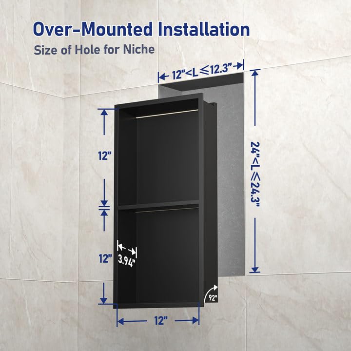 Bernkot Led Shower Niche with RGB Light 24" X 12" Matte Black 304 Stainless Steel Shower Niche with 2-Tiers Shelves Waterproof No Tile Needed Recessed Niches Shower for Bathroom Storage Bernkot
