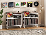 Uoders Record Player Stand with Vinyl Storage, Mid-Century Modern Turntable Stand Holds 150+ Albums, Record Player Table with Metal Dividers, Wood Media Console for Living Room (White, Single-Sided Small) UODERS