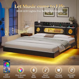 California King Bed Frames,Cal King Bed Frame with Hidden Storage Headboard & LED Light and Charging Station,Floating Bed Frame No Box Spring Needed,Leather Floating Bed Noise-Free,Easy Assembly BYSAUD