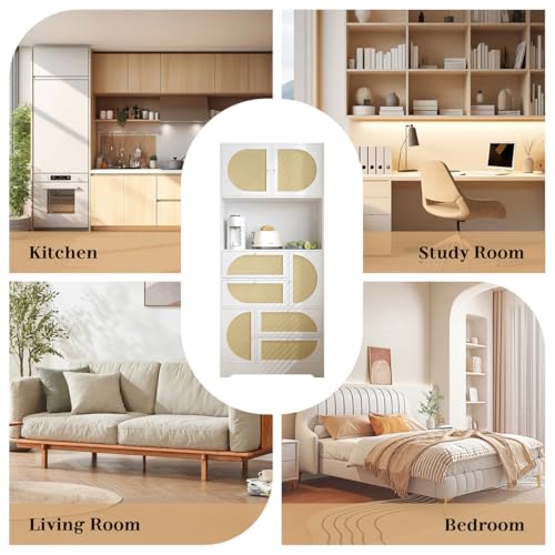 YUHOCB Kitchen Pantry Storage Cabinet with Power Outlet,Tall Kitchen Hutch Cabinet with Microwave Stand,Utility Pantry with Doors and Shelves for Dining Room, Living Roo (White) YUHOCB