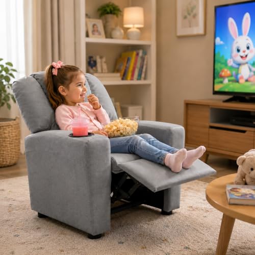 Naomi Home Suri Kids Recliner Chair with Cup Holder & Footrest, Built to Grow with 150 lbs Capacity, Solid Hardwood Frame, and 3 Recline Positions for Toddlers & Children, Gray,Microfiber