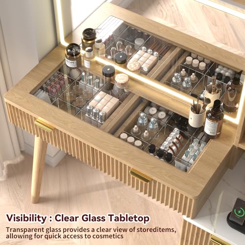 SFDOU 43" Fluted Makeup Vanity Desk with 32" Mirror and Lights, Modern Glass Top Large Vanity Table with 5 Drawers and 3 Storage Shelves, Dressing Table Set with Charging Station for Bedroom-Gray SFDOU