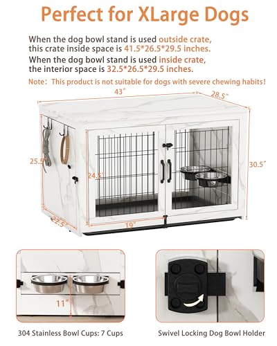 Piskyet Wooden Dog Crate Furniture with 360°Rotatable Removable Dog Bowls, Dog Crate End Table with Tray, Double Doors Dog Kennels for Dogs(XL:43.2" L*28.6" W*30.3" H, Marble White) Piskyet