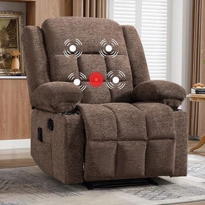EBELLO Manual Recliner Chair for Adults with Vibration Massage and Lumbar Heating, Soft Fabric Recliner Single Sofa for Living Room with Side Pocket and Two Cup Holders, Brown