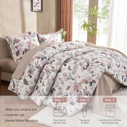 7 Piece Queen Comforter Set, Dusty Pink Butterfly Floral Comforter Set with Flowers Leaves Pattern, Soft Microfiber Complete Bedding Set for All Season(Dusty Pink, Queen) LLDSYW