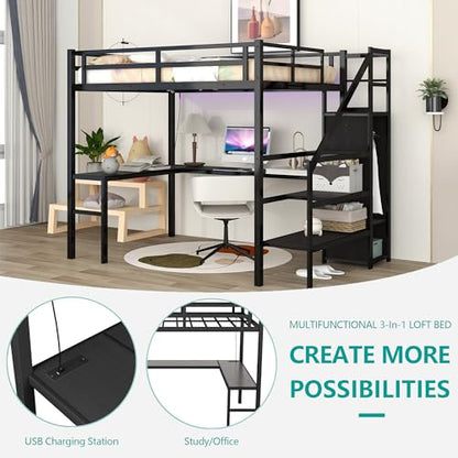 Full Size Black Loft Bed with Desk, Storage Stairs, Wardrobe, USB Charging Station, RGB LED Lights - WoodArtSupply