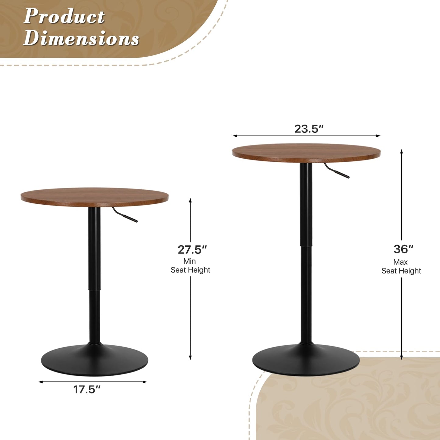 Athena Collection Round Bar Table,Adjustable Height Pub Table and 360°Swivel Bistro Table, High Top Table with MDF Desktop,Cocktail Table for Bar/Pub/Bistro (Brown Wood)