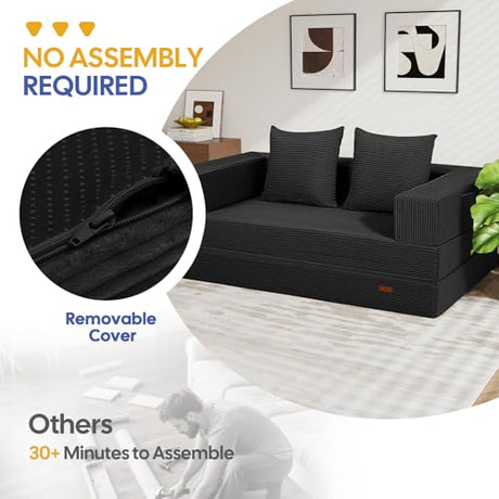 COMAX Futon Sofa Bed, 4‑in‑1 Convertible Sofa Bed, Folding Boneless Couches for Living Room, Fold Out Small Foldable Loveseat Floor Sleeper Comfy Mattress Lounge Space‑Saving, Black COMAX
