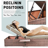 Rophefx Outdoor PE Wicker Patio Lounge Chairs Set of 2, Outside Rattan Pool Lounge Chair with Cup Holder & Adjustable Backrest, Brown Rattan Recliners for Poolside Deck Beach Yard (Beige Cushions)