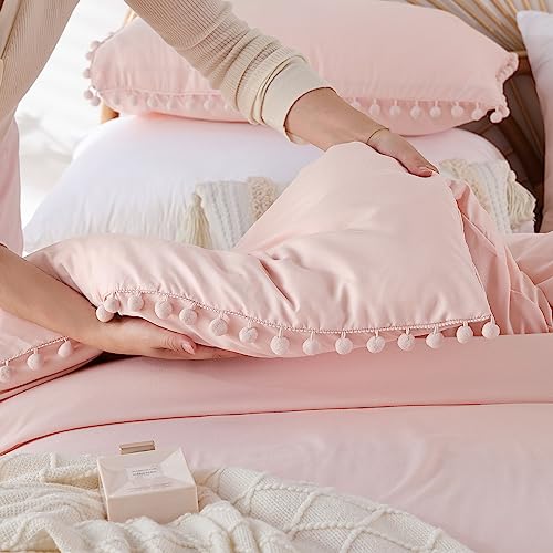 YIRDDEO Twin Comforter Set - Comforter Twin Size Bed with Ball Pom Fringe, Soft Bedding Set for All Seasons - 2 Pieces, 1 Comforter (66"x90") & 1 Pillow Sham(20"x26"), Blush YIRDDEO