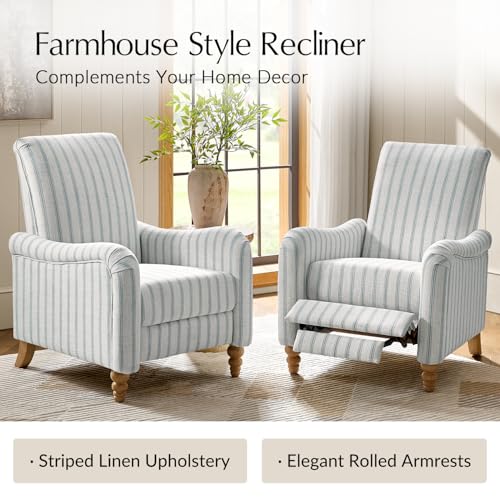 HULALA HOME Farmhouse Recliner Chairs Set of 2 with Solid Wood Spindle Legs, Striped Push Back Recliner Armchairs with Adjustable Backrest & Footrest, Comfy High Back Lazyboy Single Sofas, Blue