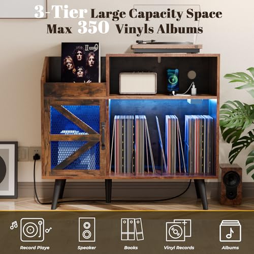 Loomie Large Rustic Record Player Stand with Power Outlet & LED Light, 350 Vinyl Record Storage Cabinet with Magnetic Door, Turntable Table with Wood Legs for Living Room (Rustic) Loomie