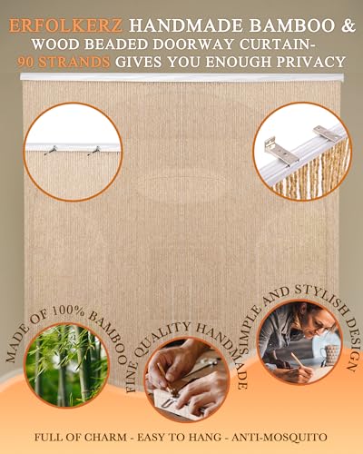 Erfolkerz 90 Strands Beaded Curtain for Doorways -35.5"x79"- Handmade Natural Beaded Curtains，Boho Doorway Wood and Bamboo Bead Curtain-As Insect Screen/Room Divider-Beige Erfolkerz