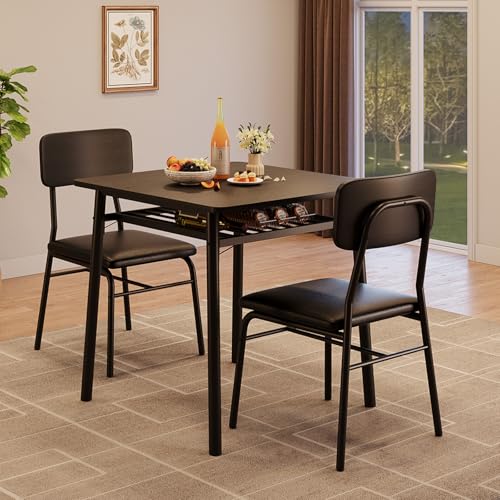 IDEALHOUSE 3-Piece Dining Table Set for 2 with Storage Rack, Wood Kitchen Table with Upholstered Chairs Set of 2, Small Square Table Set with Metal Legs Support, for Dining Room, Living Room, Black IDEALHOUSE