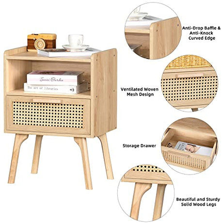 Lerliuo Rattan Nightstands Set of 2, Boho Side Table with Drawer Open Shelf, Cane Accent Bedside End Table with Solid Wood Legs for Bedroom, Dorm and Small Spaces (Natural) Lerliuo