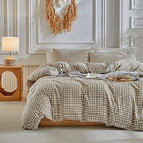 DuShow Grid Queen Duvet Cover Set - Tan Gingham Washed Microfiber Comforter Cover Set, 3 Pieces Plaid Checkered Soft Reversible Bedding Set(Tan,Queen) DuShow