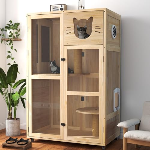 Nyeekoy Large Wooden Cat House on Wheels, Indoor Cat Villa with Condo, Multi Platforms, Scratchers, Vent, Litter Box Area, Clear Doors, Cat Cage Enclosure for Kittens & Adult Cats (Natural Wood) Nyeekoy