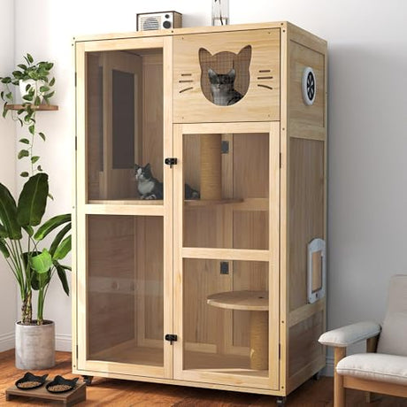 Nyeekoy Large Wooden Cat House on Wheels, Indoor Cat Villa with Condo, Multi Platforms, Scratchers, Vent, Litter Box Area, Clear Doors, Cat Cage Enclosure for Kittens & Adult Cats (Natural Wood) Nyeekoy