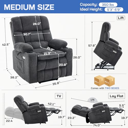 Tami Tami Dual Motor Power Lift Chair Recliner for Elderly with Massage and Heat, Infinite Position Electric Lift Recliner with Adjustable Headrest, USB (T6015 - Plush Fabric, Dark Gray, Medium)