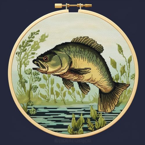 Bass Fish DIY Stamped Cross Stitch Kits for Beginners Easy with Hoop 11CT Needlepoint Embroidery Counted Cross Stitch Kits Art Craft Wall Decor and Gift 35x35cm(2)
