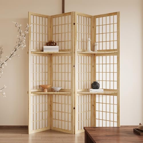 5.6FT Room Divider and Folding Portable Partition Screen, Chinese Japanese Shoji Style with Three Display Shelves for Room Separation - 4 Panel (Natural) Svimi
