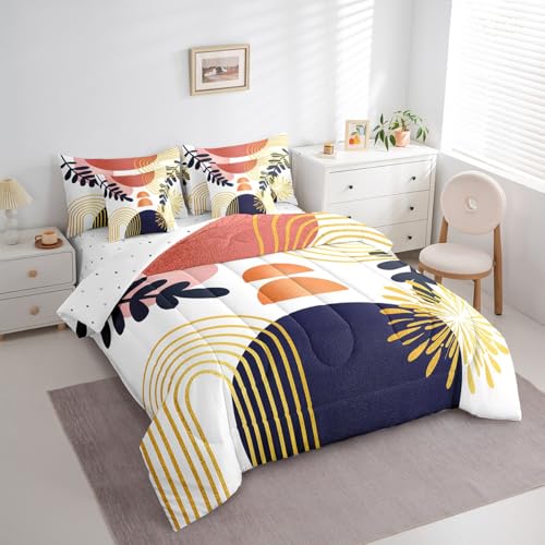 Boho Mid Century 7 Piece Comforter Set Full Bed in a Bag,Abstract Geometric Modern Minimalist Bedding Sets Geometric Line Art Sheet Set with Comforter,Circle Graphic Ombre Stripes Bed Set,Orange Blue Erosebridal