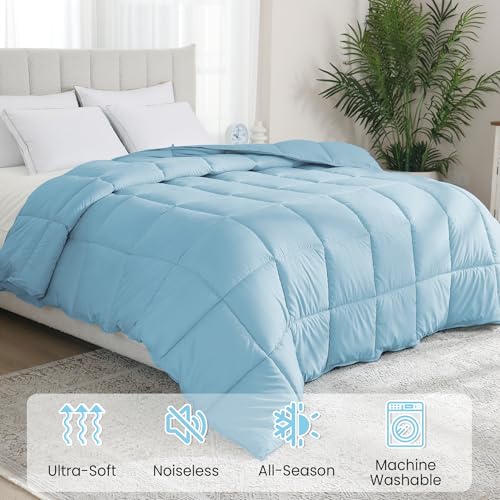 Peace nest Twin Size Goose Feather Fiber and Down Comforter Fluffy Duvet Insert All Season Hotel Luxury Bedding Comforters Soft Medium Warmth 68x88 Inches Blue Peace nest