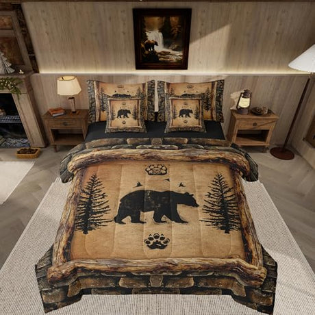 Feelyou Kids Rustic Bear 7 Piece Bedding Set King Size Farmhouse Forest Animal Black Bear Comforter Set with Sheets Boys Girls Hunting Country Brown Bed in a Bag Feelyou