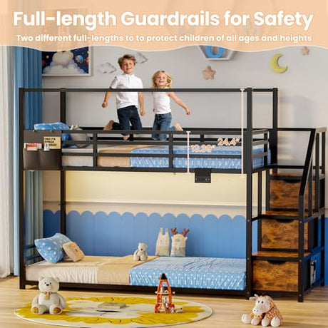 Low Bunk Bed Twin Over Twin with Storage Staircase, RGB LED Lights, Drawers & Shelves, Metal Bunk Beds for Kids with Power Outlet, Double Full-Length Guardrails & Metal Slats for Small Space, Black Zerduos