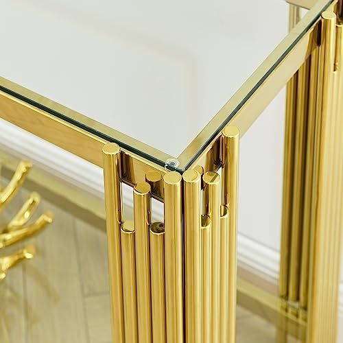 SSLine Modern Luxury Console Table Rectangular Glass Accent Entryway Table for Hallway Living Room, 2-Tier Storage, Gold Pipe Stainless Steel Frame Design SSLine