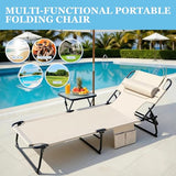 Ahsuname 3-in-1 Sun Tanning Chair with Face Holes, Folding Chaise Lounge Chairs, 5-Position Adjustable Lounge Chair Outdoor with 2 Side Pocket & Pillow, for Pool Beach, Patio, Camping, Beige