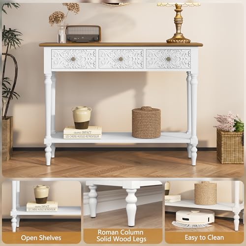 3More Entryway Console Table with 3 Drawers,42" Carved Hallway Table with Open Shelf,Long Sofa Table for Living Room, Hallway, Behind Couch,White 3More