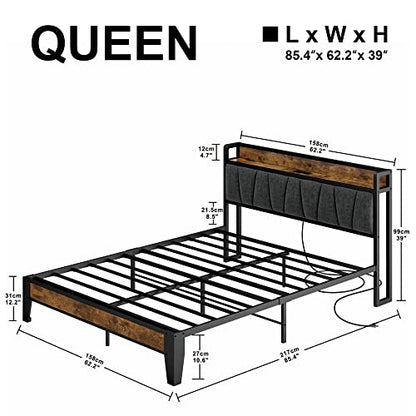 LIKIMIO Queen Bed Frame, Storage Headboard with Charging Station, Solid and Stable, Noise Free, No Box Spring Needed, Easy Assembly