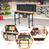 Workbench 60" x 22" Adjustable Height Worktable, Heavy Duty Rubber Wood Top, 2000 LBS Load Capacity, Tool Storage Workstation with Drawer, Pegboard, Power Outlets & Lockable Wheels, with Drawer Back IDEALHOUSE
