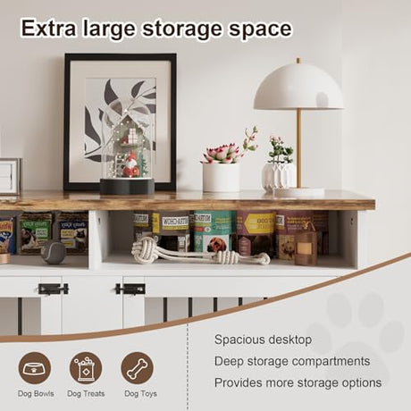55'' Dog Crate Furniture for 2 Dogs, Wooden Dog Cage with Storage Compartment, Indoor Dog Kennel with 2 Doors for Large/Medium Dogs, White REVOMINCA