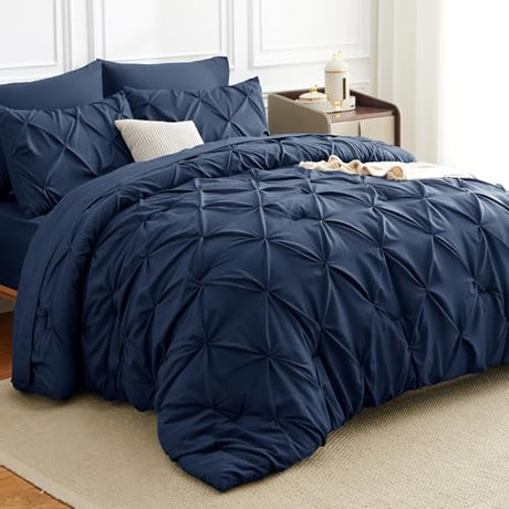 CozyLux Queen Comforter Set Navy Blue, 7 Pieces Pintuck Bed in A Bag, Premium Blue Comforter Queen Size, Pinch Pleat Bedding Sets with Comforter, Sheets, Pillowcases & Shams CozyLux