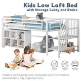 MoproBeti Low Loft Bed with Stairs, Metal Kids Loft Bed with Storage Cubby, Twin Low Loft Bed with Safety Guardrail and Under-Bed Play Space for Girls Boys,No Box Spring Needed,White MoproBeti