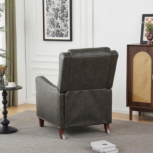 PATIOPTION Leather Pushback Recliner Chair, PU Leather Push Back Armchair, Upholstered Recliner Chair 105-135 Degree Adjustable, Retro Accent Chair for Living Room Bedroom - Gray